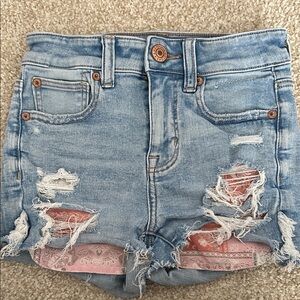 American Eagle Outfitters Blue Distressed Jean Shorts with Pink Accents